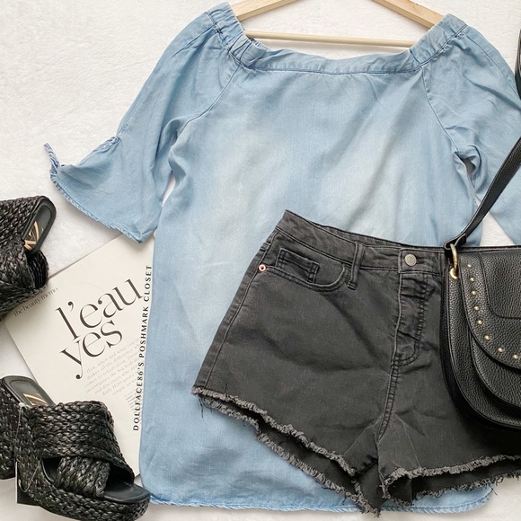 Off Shoulder Tied Sleeve Chambray Top - Picture 2 of 10